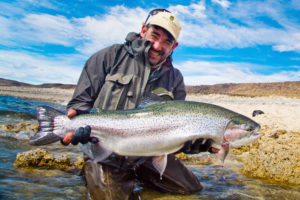 rainbow trout fishing at jurassic lake in argentina